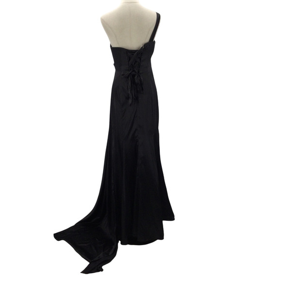 FORMAL SZ 4 S black satin one shoulder lace up gala prom party dress NEW B172 - Picture 2 of 10
